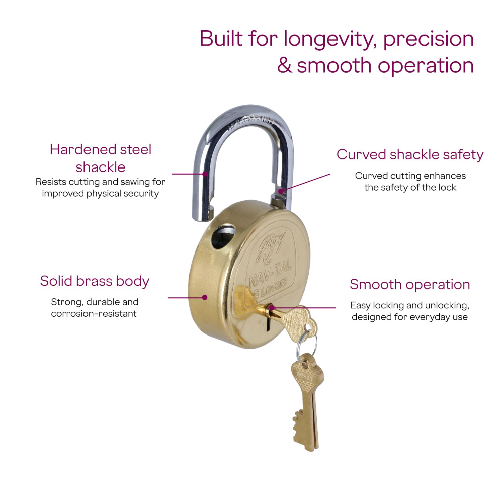Godrej Padlock | Navtal 8 Lever Brass Padlock 85mm with 3 Keys | Hardened Steel Shackle | Heavy Duty Lock for Main Door, Gates, Shutters, Warehouses, Offices & Industrial Use | 1 Year Warranty